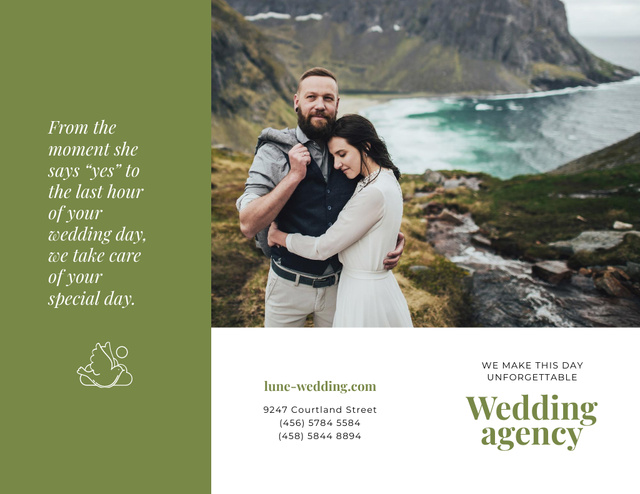 Designvorlage Wedding Agency Offer with Happy Newlyweds in Majestic Mountains für Brochure 8.5x11in