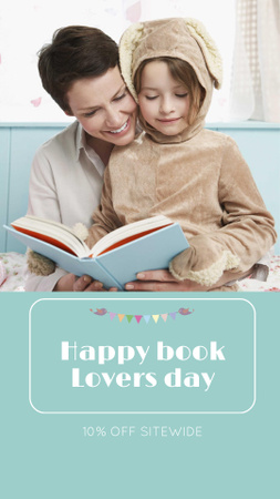 Template di design giorno degli amanti del libro saluto con donna che legge con bambino Instagram Story