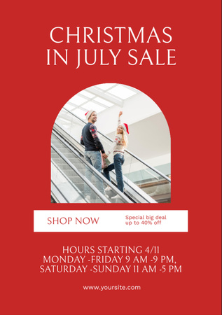 Christmas Sale in July with Happy Couple in Shopping Mall Flyer A7 Design Template