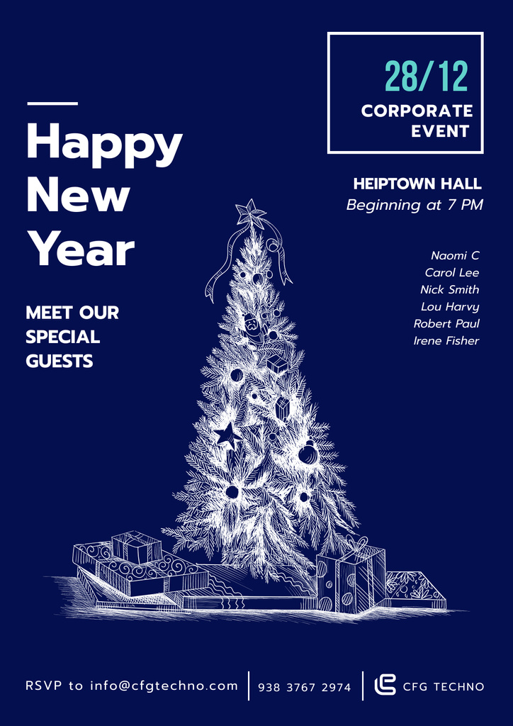 New Year Party with Illustration of Christmas Tree in Blue Poster B2 Tasarım Şablonu