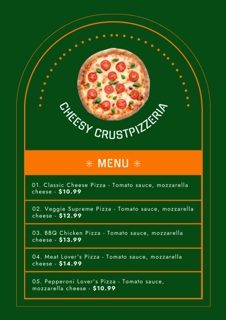 Platilla de diseño Varieties of Delicious Pizza on Green Menu