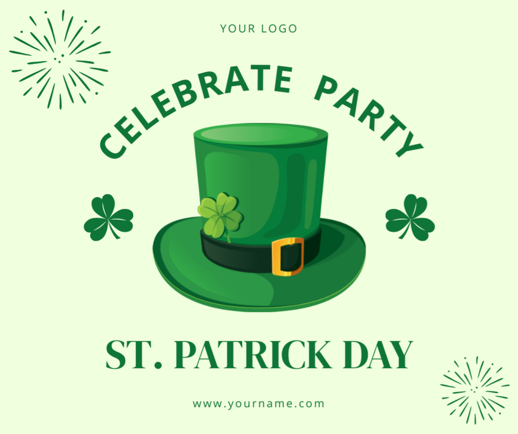 St. Patrick's Day Holiday Party with Green Hat and Clovers Facebook Šablona návrhu