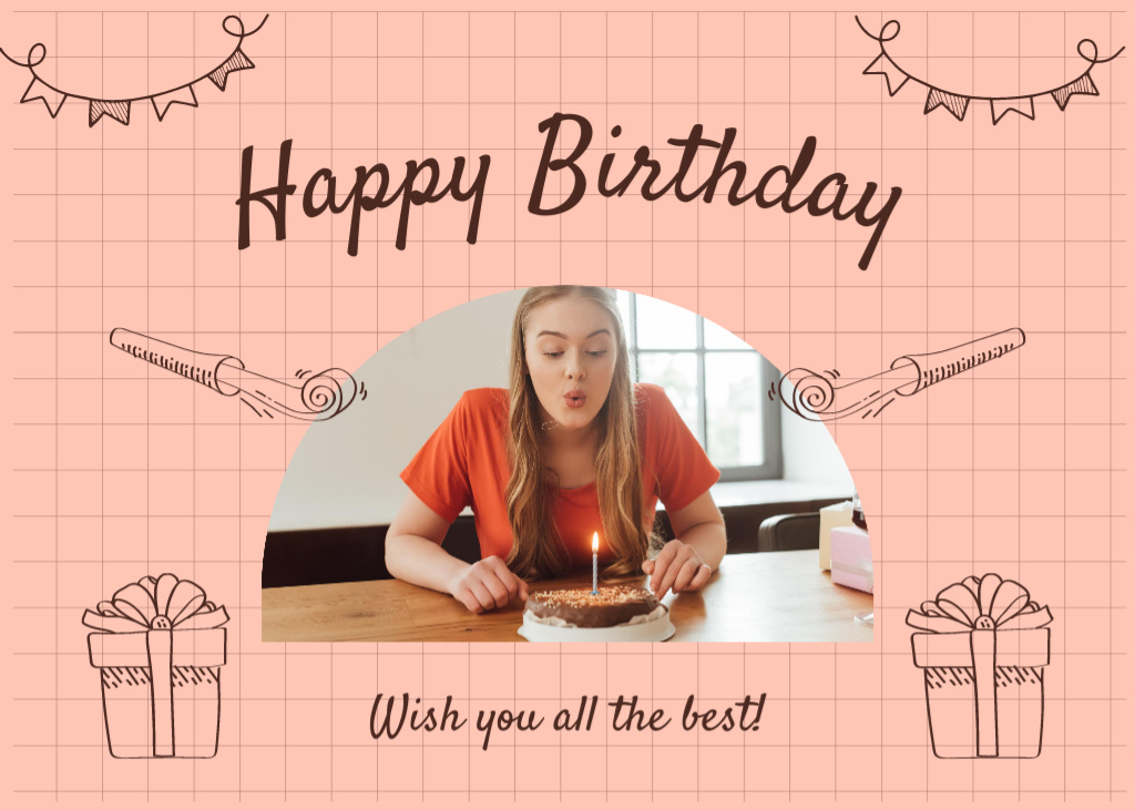 Birthday Girl Blows Out Candle on Birthday Cake Postcard 5x7in Πρότυπο σχεδίασης