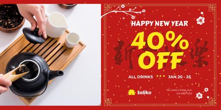 New Year Offer with Woman Brewing Tea Twitter Design Template