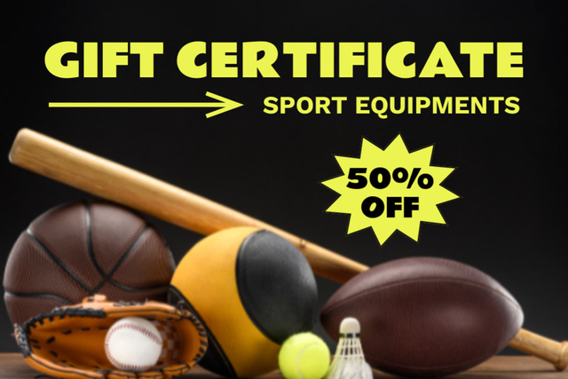 Ontwerpsjabloon van Gift Certificate van Sports Equipment Retail Black and Yellow
