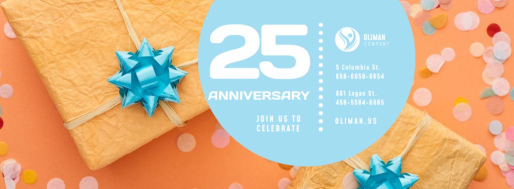 Anniversary Greeting Gifts and Confetti in Orange Facebook cover tervezősablon