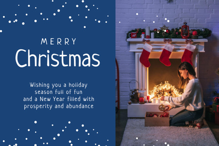 Christmas Greeting Woman Near Fireplace With Presents Postcard 4x6in Design Template