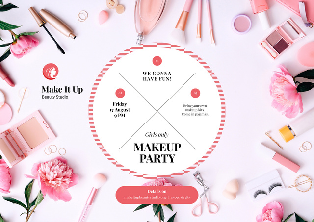 Makeup Party Invitation with Cosmetics Poster A2 Horizontal Design Template