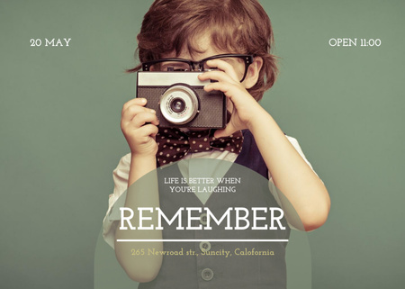 Motivational Quote with Little Boy with Vintage Camera Flyer 5x7in Horizontal Design Template