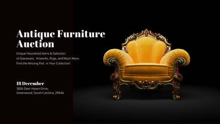 Plantilla de diseño de Subasta de muebles tradicionales y sillón amarillo de lujo FB event cover 