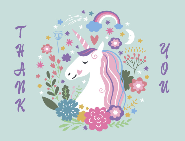 Plantilla de diseño de Thankful Phrase with Cute Unicorn Postcard 4.2x5.5in 