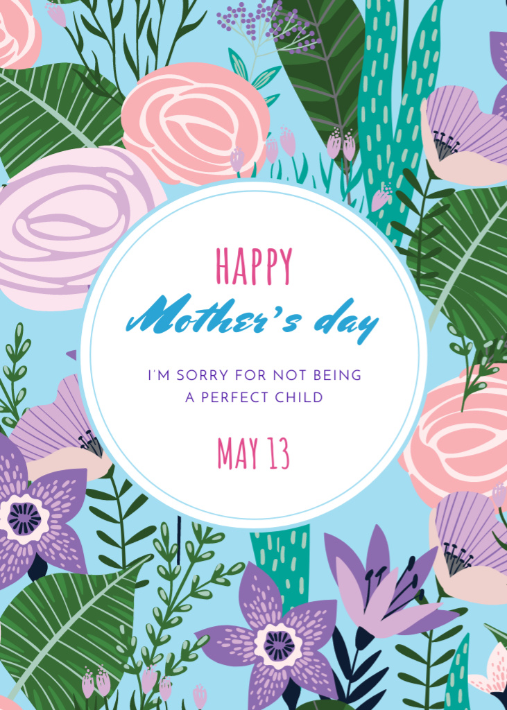 Happy Mother's Day With Illustrated Flowers Postcard 5x7in Vertical – шаблон для дизайну
