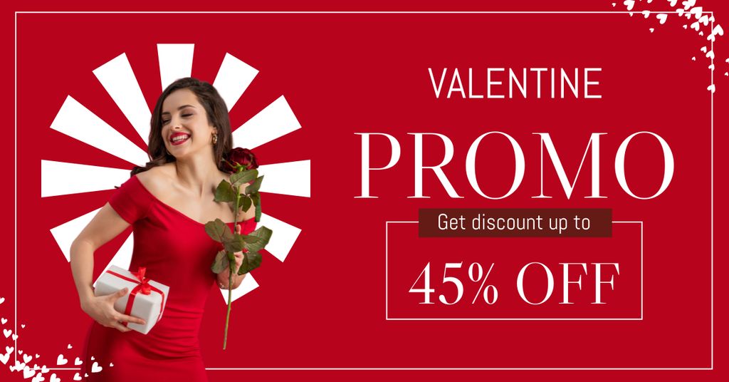 Valentine's Day Sale Announcement with Attractive Woman in Red Dress Facebook ADデザインテンプレート