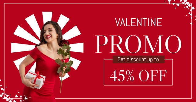 Valentine's Day Sale Announcement with Attractive Woman in Red Dress Facebook AD Πρότυπο σχεδίασης