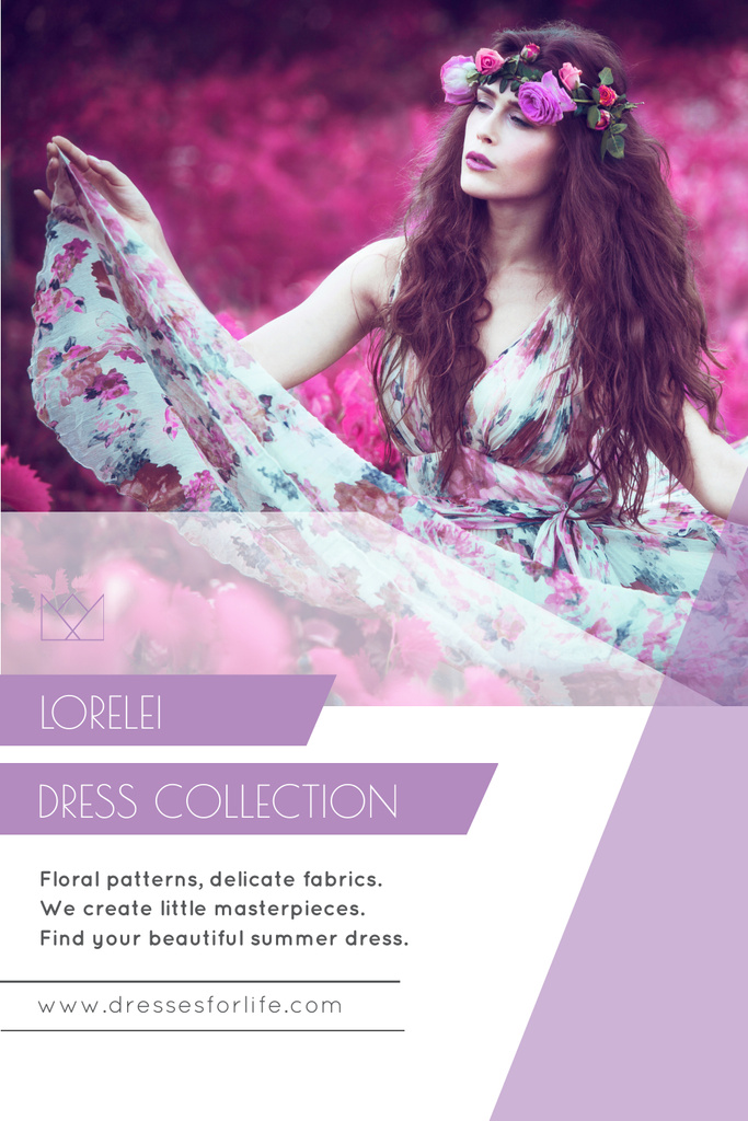 Platilla de diseño Fashion Collection Ad with Woman in Floral Dress Pinterest