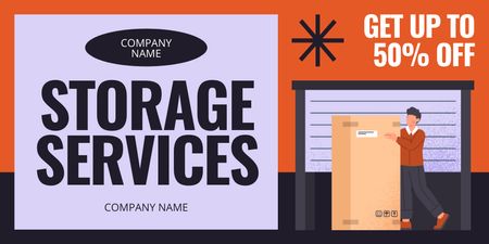 Storage Services Ad with Illustration of Courier and Big Box Twitter Design Template