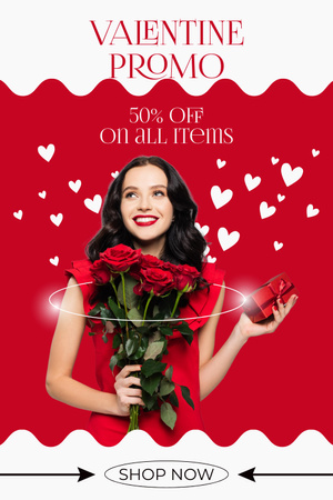 Designvorlage Valentinstag-Verkaufsmitteilung mit attraktiver Frau mit roten Rosen für Pinterest