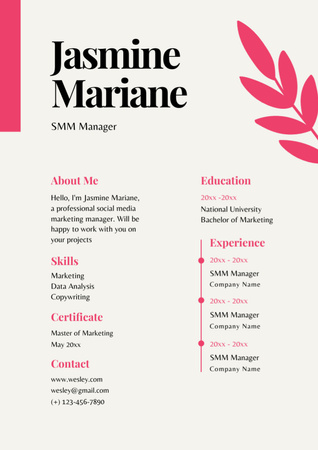 Skills and Experience of Social Media Marketer Resume Design Template