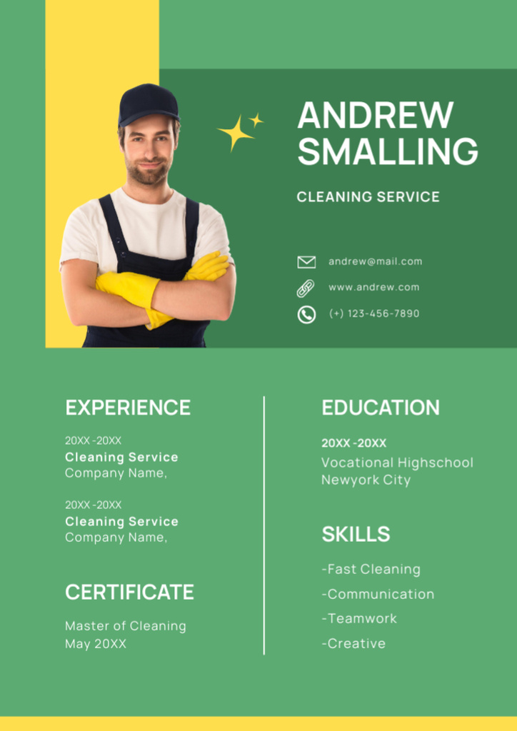 Plantilla de diseño de Cleaning Service Specialist Skills In Green Resume 