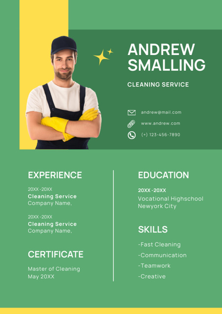 Template di design Cleaning Service Specialist Skills In Green Resume