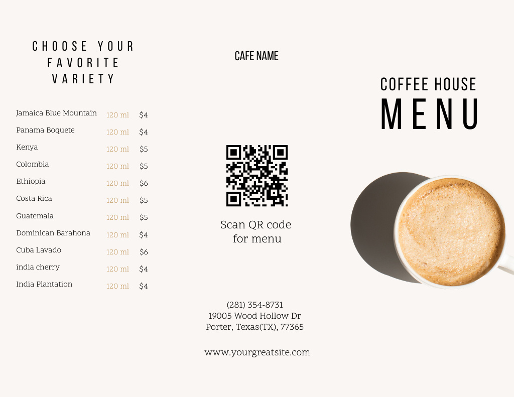 Coffee House Offer With Cappuccino Menu 11x8.5in Tri-Fold Πρότυπο σχεδίασης
