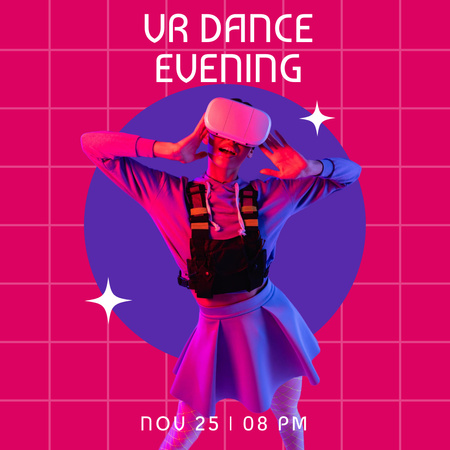 Virtual Dance Evening Invitation with Girl in VR Glasses Instagramデザインテンプレート