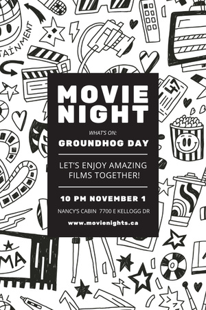 Movie Night Event Announcement with Arts Icons Pattern Pinterest Modelo de Design