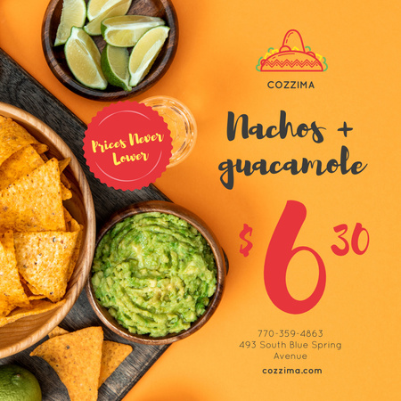 Mexican Food Offer Nachos and Guacamole Instagram Design Template
