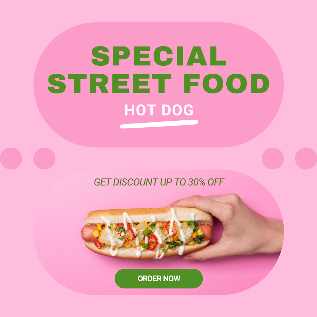 Street Food Ad with Discount on Tasty Hot Dog Instagramデザインテンプレート