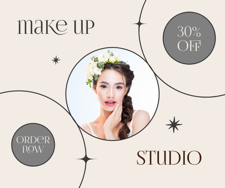 Makeup Studio Ad with Woman with Flowers in Hair Facebook Design Template