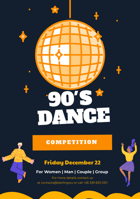 Ontwerpsjabloon van Flyer A5 van Trendsetting 90's Dance Competition Announcement With Disco Ball