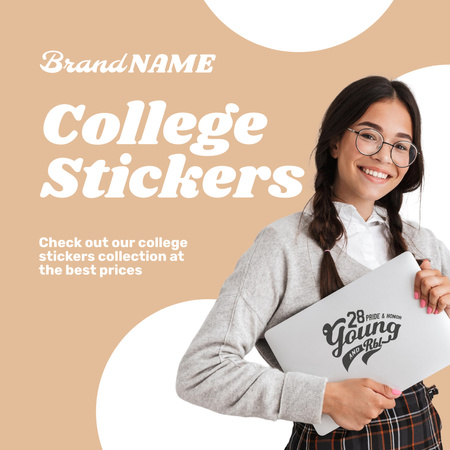 College Merch And Stickers Offer In Beige Animated Post Design Template