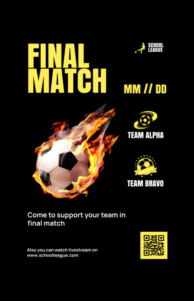 Final Soccer Match Announcement with Ball and Fire Invitation 5.5x8.5in Tasarım Şablonu