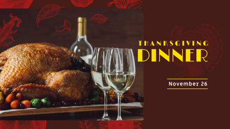 Thanksgiving Dinner Announcement with Turkey and Wine FB event cover Design Template