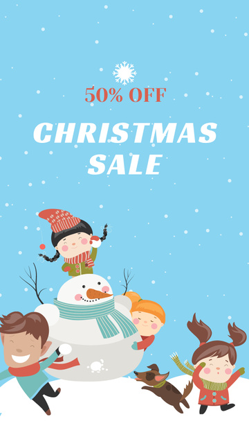 Designvorlage Christmas Sale Announcement with Children playing with Snowman für Instagram Story