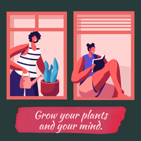 Inspirational Phrase with Cartoon Women and Plants Instagram Design Template