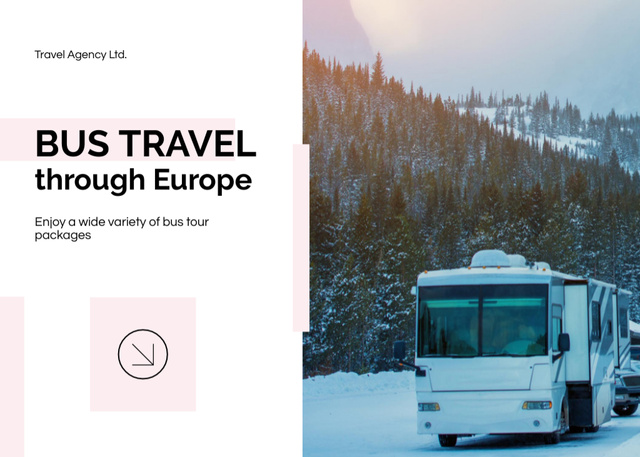 Designvorlage Travel Tour Announcement with Bus in Snowy Mountains für Flyer 5x7in Horizontal