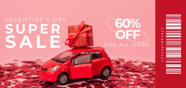 Valentine's Day Super Sale Announcement with Gift on Red Car Coupon Din Large Design Template