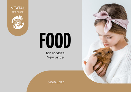 Pet Food Offer with Girl hugging Bunny Flyer A5 Horizontal Design Template