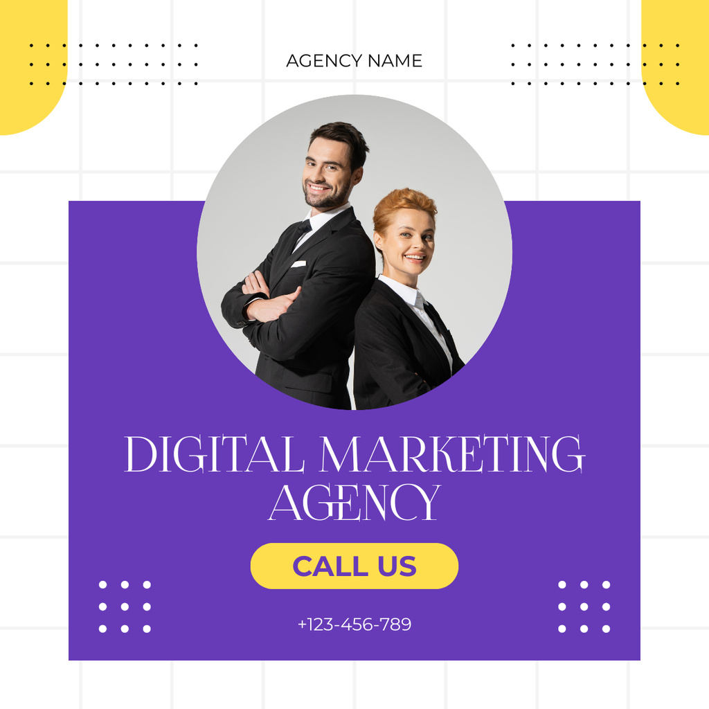 Ontwerpsjabloon van LinkedIn post van Young Man and Woman Offer Digital Marketing Agency Services