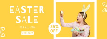 Easter Sale Announcement with Girl Holding Plate of Easter Eggs Facebook cover Design Template