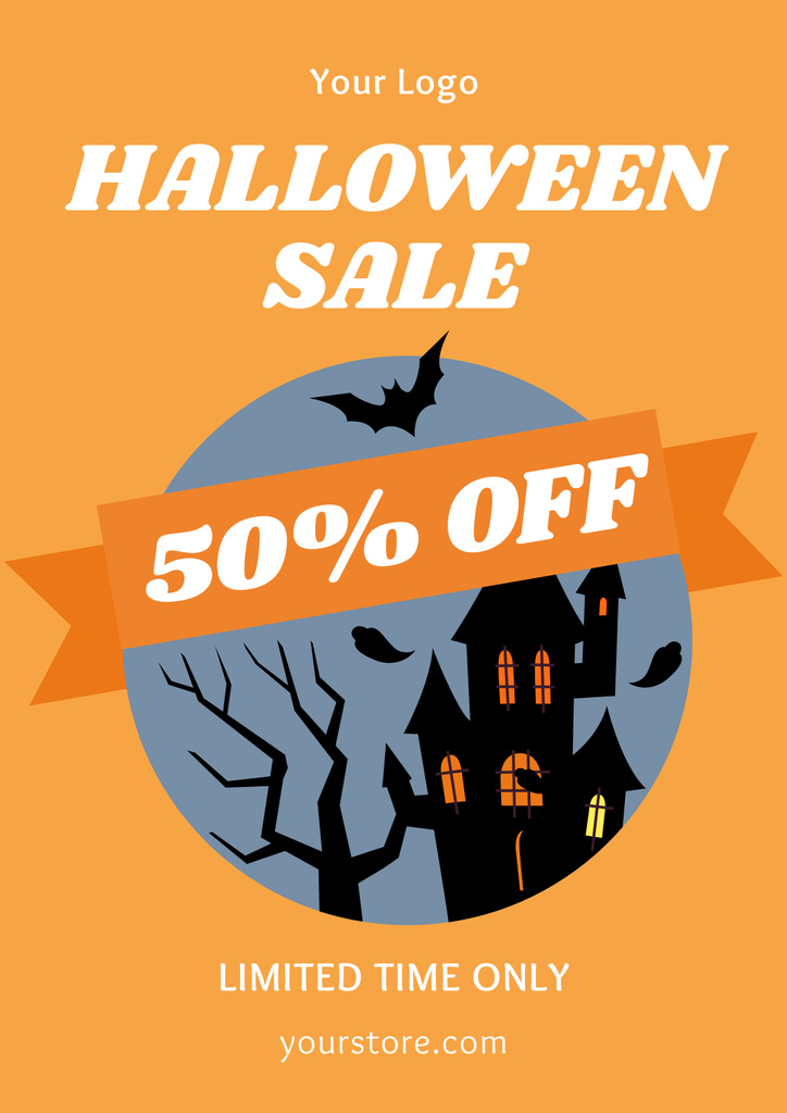 Halloween Holiday Sale Announcement with Castle Poster Design Template