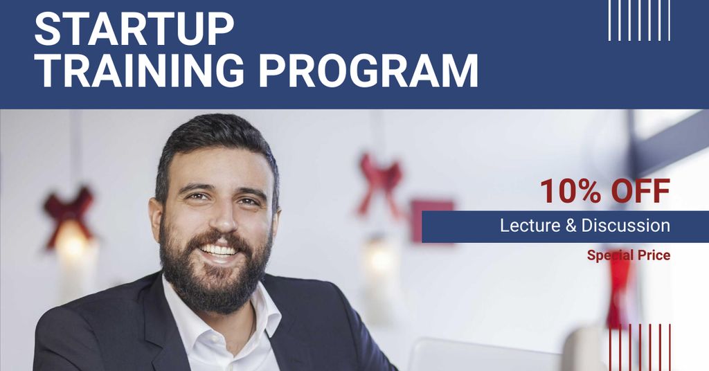 Designvorlage Startup Training Program Offer with Smiling Businessman für Facebook AD