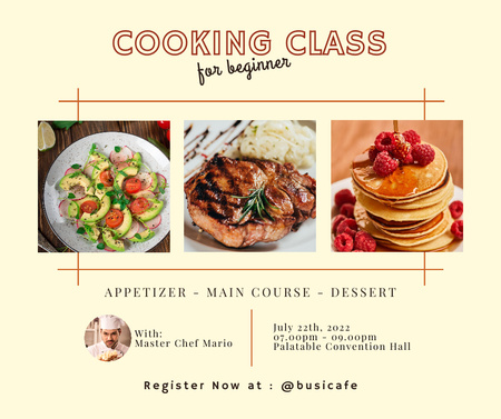 Ontwerpsjabloon van Facebook van Cooking Class on Appetizers Main Courses and Desserts