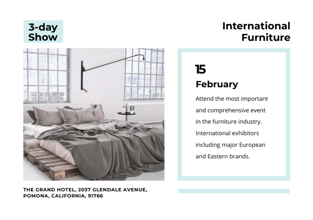 International Design Show Announcement with Bedroom in Grey Color Flyer A5 Horizontal – шаблон для дизайна