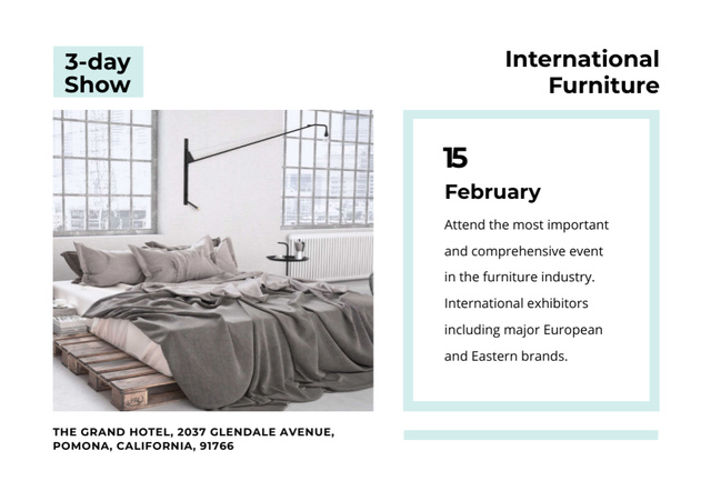 Modèle de visuel International Design Show Announcement with Bedroom in Grey Color - Flyer A5 Horizontal