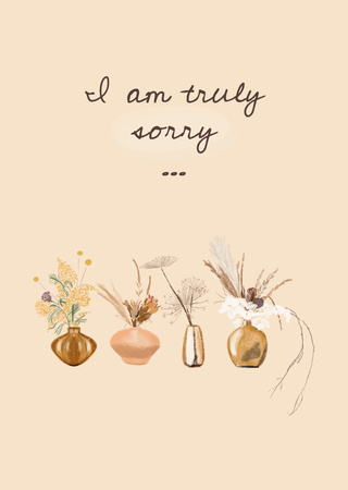 Cute Apology With Tender Flowers In Vases Postcard A6 Vertical Design Template