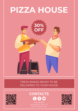 Plantilla de diseño de Mensajero entregando pizza con descuento Poster 