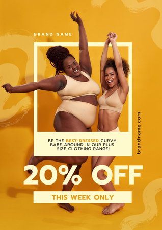 幸せな女性と一緒にプラスサイズの服を提供する Posterデザインテンプレート