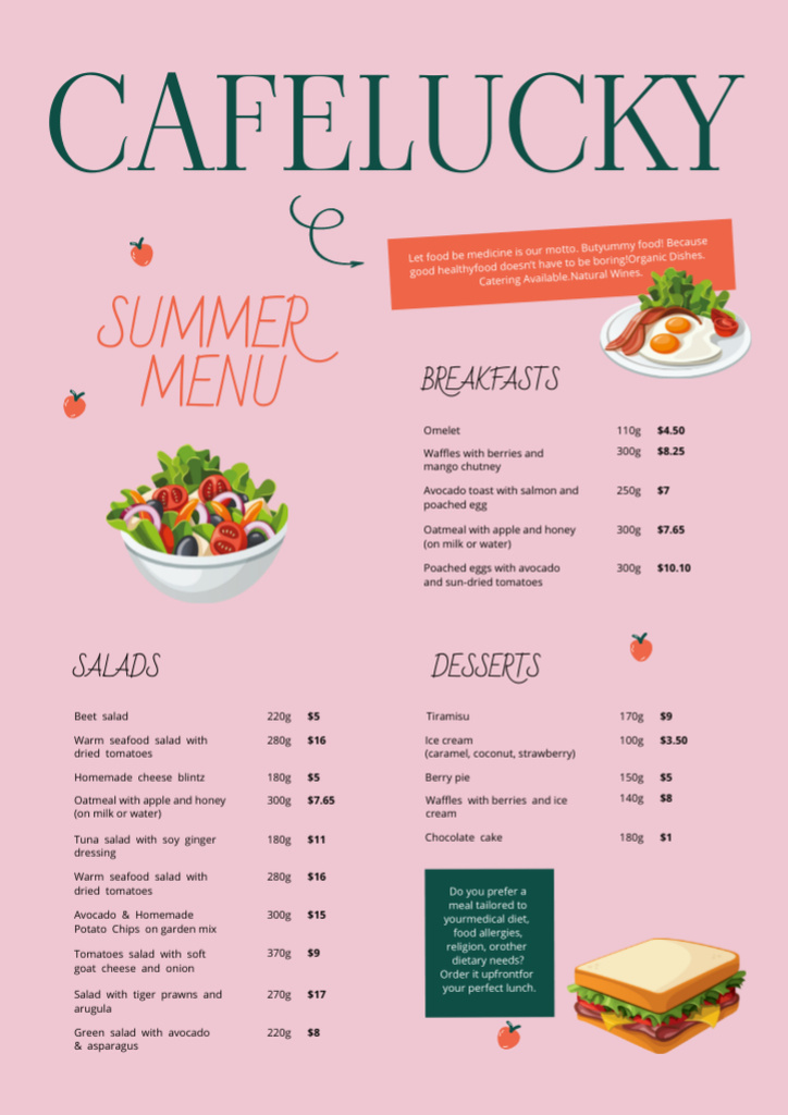 Contemporary Cafe List Of Dishes In Summer Announcement Menu tervezősablon